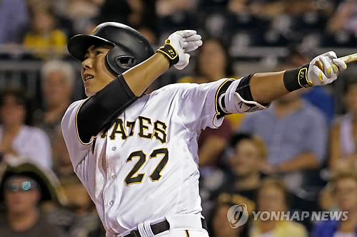 In this Associated Press photo, Kang Jung-ho of the Pittsburgh Pirates hits a solo home run off Luke Weaver of the St. Louis Cardinals in the fourth inning of their game at PNC Park in Pittsburgh on Sept. 6, 2016.