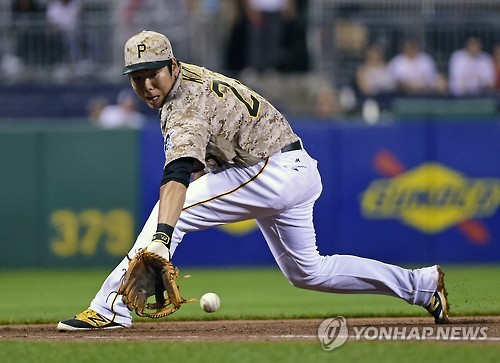 In this Associated Press photo, Kang Jung-ho of the Pittsburgh Pirates fields a ball hit by the Cincinnati Reds' Brandon Phillips during the seventh inning of a baseball game in Pittsburgh on Sept. 8, 2016.
