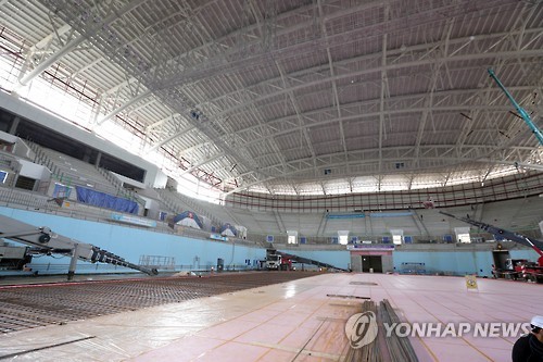 Construction work is underway at Gangneung Ice Arena, the venue for short track and figure skating at the 2018 Winter Olympics, on Aug. 22, 2016, in Gangneung, Gangwon Province.