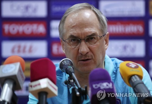 South Korea football coach Uli Stielike speaks during a press conference at Olympic Hotel in Tehran on Oct. 10, 2016, one day ahead of their 2018 FIFA World Cup qualifier against Iran at Azadi Stadium in Tehran. 