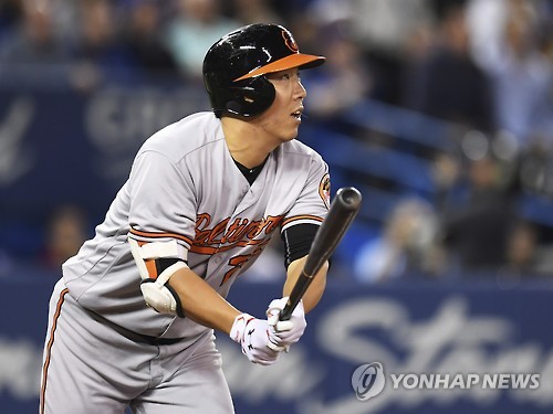 In this Associated Press photo taken on Sept. 28, 2016, Kim Hyun-soo of the Baltimore Orioles watches his two-run home run against the Toronto Blue Jays at Rogers Centre in Toronto. 
