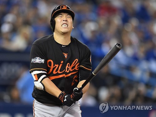 In this Associated Press photo, Kim Hyun-soo of the Baltimore Orioles reacts to a strike during the American League wild card game against the Toronto Blue Jays at Rogers Centre in Toronto on Oct. 4, 2016.