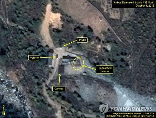 This commercial satellite imagery taken on Oct. 1, 2016, and offered by 38 North, a U.S. website monitoring North Korea, shows increased activity in the North's Punggye-ri nuclear test site.