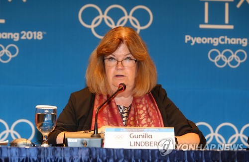 Gunilla Lindberg, head of the International Olympic Committee's Coordination Commission on the 2018 PyeongChang Winter Olympics, speaks at a press conference held in PyeongChang, Gangwon Province, on Oct. 7, 2016.