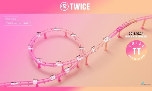 This image is a "TWICEcoaster:LANE1" prerelease promotions timetable provided by TWICE's agency, JYP Entertainment.