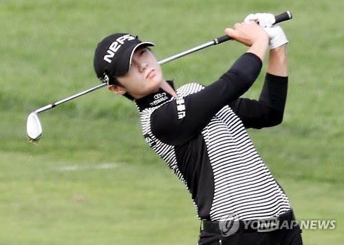 Park Sung-hyun of South Korea watches her second shot at the ninth hole during the second round of the LPGA KEB Hana Bank Championship at Sky 72 Golf & Resort's Ocean Course in Incheon on Oct. 14, 2016.