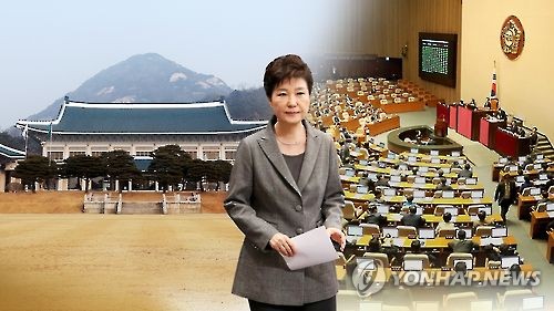 This image, provided by Yonhap News TV, shows President Park Geun-hye, the presidential office Cheong Wa Dae (L) in Seoul and the main chamber of the National Assembly in Seoul. 