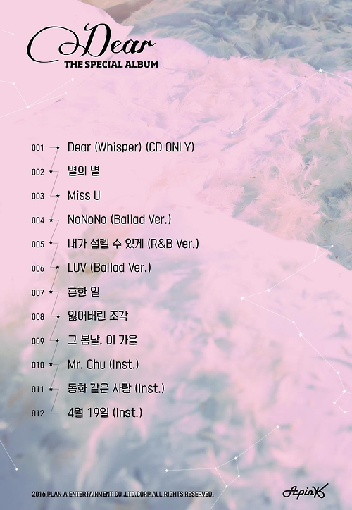 This image, provided by Plan A Entertainment, shows the track list of South Korean girl group Apink's special album "Dear" to be unveiled on Dec. 15, 2016. 