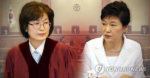 This image shows President Park Geun-hye (R) and Lee Jung-mi, acting chief justice of the Constitutional Court.