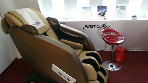 This photo, taken on March 14, 2017, shows a massage chair installed at First Class Co.'s healing cafe in Seoul.