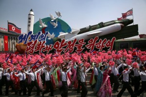 Last Saturday, North Korea celebrated its founder’s birth with the annual parade showing off the nation’s military strength. Credit Wong Maye-E/Associated Press