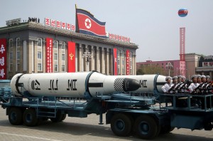 North Korea’s first submarine-launched ballistic missile, the Pukguksong-1, was among the hardware displayed Saturday in the capital, Pyongyang. Credit Wong Maye-E/Associated Press