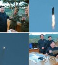 North Korean leader Kim Jong-un celebrates the successful test-launch of a new missile on May 14, 2017, in these photos provided by the North's state media. (For Use Only in the Republic of Korea. No Redistribution) (KCNA-Yonhap)