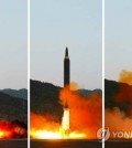 This set of photos carried by North Korea's main newspaper Rodong Sinmun on May 15, 2017, shows a new North Korean mid- and long-range ballistic missile, called the Hwasong-12, which was launched a day earlier. (For Use Only in the Republic of Korea. No Redistribution) (Yonhap)