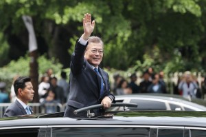 President Moon Jae-in of South Korea after the inaugural ceremony in Seoul, the capital, on Wednesday. He hinted at balancing diplomacy between the United States and China, his country’s largest trading partner. Credit Yonhap, via Reuters