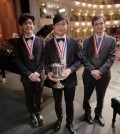 The Cliburn winner, Yekwon Sunwoo, center, with the bronze medalist Daniel Hsu, left, of San Francisco, and the silver medalist Kenneth Broberg, right, of Minneapolis. Credit Ralph Lauer