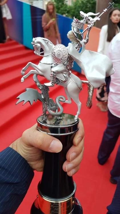 This photo provided by actor Son Hyun-joo shows the Best Actor trophy from the Moscow International Film Festival on June 29, 2017. (Yonhap)