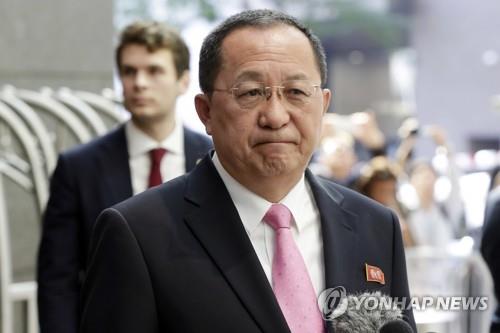 This AP photo shows North Korean Foreign Minister Ri Yong-ho in front of his New York hotel on Sept. 25, 2017. (Yonhap)