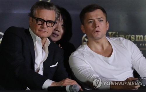 Hollywood actors Colin Firth (L) and Taron Egerton, who star in the new movie "Kingsman: The Golden Circle, 2017," attend a publicity event in Seoul on Sept. 21, 2017. The movie will be released in South Korea on Sept. 27. (Yonhap)