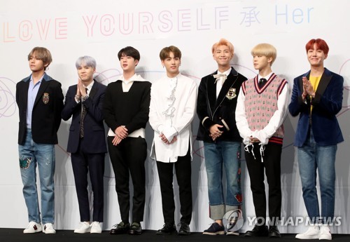 This file photo shows South Korean boy group BTS posing for a photo during a showcase for the group's EP album "Love Yourself: Her" in Seoul on Sept. 18, 2017. (Yonhap)