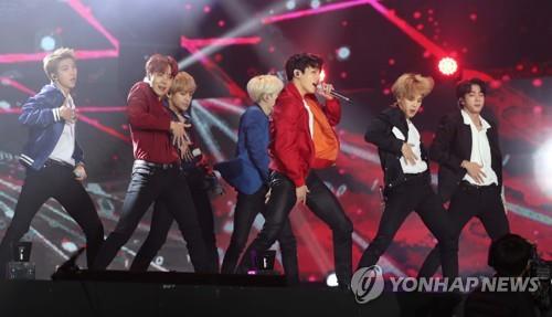 South Korean boy group BTS performs during the 32nd Golden Disk Awards in Goyang, northwest of Seoul, on Jan. 11, 2018. (Yonhap) (END)