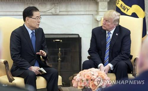 In this photo provided by South Korea's presidential office, Cheong Wa Dae, Chung Eui-yong, chief of the presidential National Security Office, meets with U.S. President Donald Trump at the White House in Washington on March 8, 2018. (Yonhap)