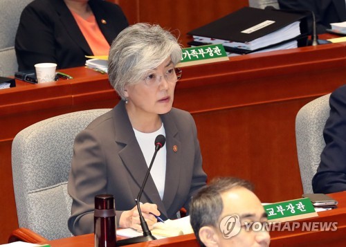 South Korean Foreign Minister Kang Kyung-wha answers questions by lawmakers at a parliamentary session on Aug. 29, 2018. (Yonhap)