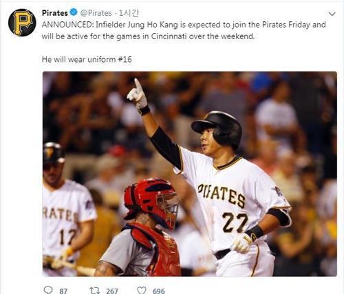 This photo captured from the Pittsburgh Pirates' official Twitter page on Sept. 28, 2018, shows the club's announcement of the return of South Korean infielder Kang Jung-ho. The 31-year-old last played in the majors in October 2016, as he went through legal trouble in Seoul. (Yonhap)
