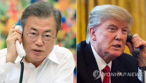 This compilation image shows South Korean President Moon Jae-in (L), in a photo provided by Cheong Wa Dae, and a file photo of U.S. President Donald Trump. (Yonhap)