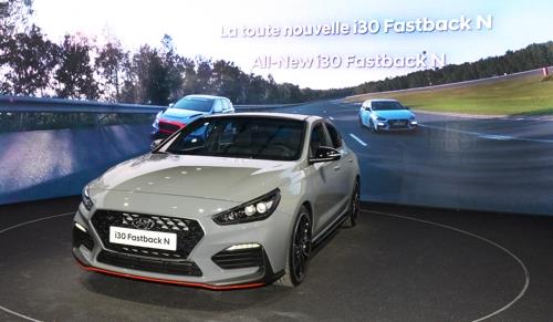 This undated photo provided by Hyundai Motor shows the carmaker's high-performance model i30 Fastback N displayed at the 2018 Paris Motor Show. (Yonhap)