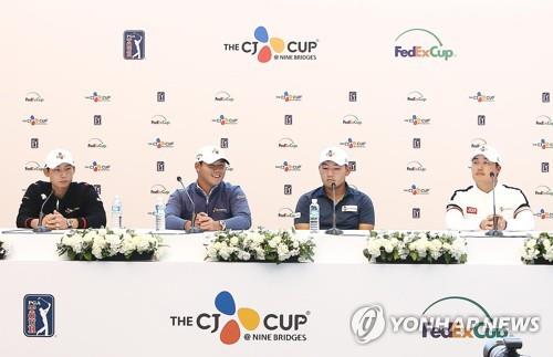 In this photo provided by JNA Golf, South Korean players on the PGA Tour speak at a press conference before the PGA Tour's CJ Cup @ Nine Bridges at the Club at Nine Bridges in Seogwipo on Jeju Island, South Korea, on Oct. 17, 2018. From left: Kim Meen-whee, Kim Si-woo, Kang Sung-hoon and Lee Kyoung-hoon. (Yonhap)