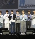 This photo provided by JYP Entertainment shows the nine Stray Kids members during a showcase of their new album titled "I am You" on Oct. 21, 2018. (Yonhap)