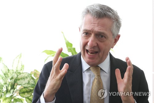 Filippo Grandi, U.N. high commissioner for refugees, speaks in an interview with Yonhap News Agency in Seoul on Oct. 24, 2018. (Yonhap)