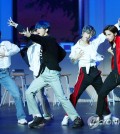 K-pop rookie band Tomorrow X Together, also known as TXT, performs during a showcase for its first full-length album, "The Dream Chapter: Magic," in Seoul on Oct. 21, 2019. (Yonhap)
