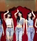 K-pop girl group Le Sserafim poses during a media showcase event held in Seoul on May 1, 2023, for its first full-length album, "Unforgiven," in this photo provided by Source Music. (PHOTO NOT FOR SALE) (Yonhap)
