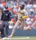 Jun 22, 2023; San Francisco, California, USA; San Diego Padres second baseman Ha-Seong Kim (7) runs the bases after hitting a one run home run during the fourth inning against the San Francisco Giants at Oracle Park. Mandatory Credit: Sergio Estrada-USA TODAY Sports