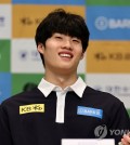 South Korean swimmer Hwang Sun-woo smiles at a press conference at the Jincheon National Training Center in Jincheon, 85 kilometers south of Seoul, on June 27, 2023. (Yonhap)