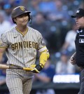 Aug 8, 2023; Seattle, Washington, USA; San Diego Padres second baseman Ha-Seong Kim (7) reacts after striking out during the first inning against the Seattle Mariners at T-Mobile Park. Mandatory Credit: Stephen Brashear-USA TODAY Sports[reuters]