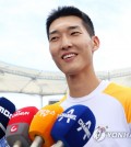 South Korean high jumper Woo Sang-hyeok speaks with reporters during an open training session at Munhak Stadium in the western city of Incheon on Aug. 2, 2023. (Yonhap)