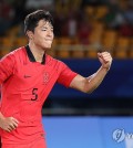 Lee Jae-ik of South Korea celebrates his goal against Thailand during the teams' Group E match in the men's football tournament at the Asian Games at Jinhua Stadium in Jinhua, China, on Sept. 21, 2023. (Yonhap)