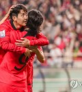 Lee Kang-in of South Korea (L) is congratulated by teammate Cho Gue-sung after scoring against Tunisia during the teams' friendly football match at Seoul World Cup Stadium in Seoul on Oct. 13, 2023. (Yonhap)
