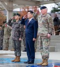 (From R to L) Gen. Paul LaCamera, the commander of the South Korea-U.S. Combined Forces Command (CFC), U.S. Forces Korea and the United Nations Command; Defense Minister Shin Won-sik; and Gen. Kang Shin-chul, the deputy commander of the CFC, salute during Shin's visit to the CFC headquarters in Camp Humphreys in Pyeongtaek, 60 kilometers south of Seoul, on Nov. 27, 2023, in this photo provided by Shin's office. (PHOTO NOT FOR SALE) (Yonhap)