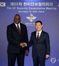 Defense Minister Shin Won-sik (R) and U.S. Secretary of Defense Lloyd Austin shakes hands ahead of the 55th Security Consultative Meeting held at the defense ministry's headquarters in Seoul on Nov. 13, 2023, in this photo provided by the ministry. (PHOTO NOT FOR SALE) (Yonhap)