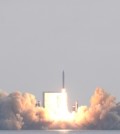 The state-run Agency for Defense Development conducts the third flight test of a solid-fuel rocket carrying Hanwha Systems' Earth observation satellite on a barge floating about 4 kilometers south of Jeju Island on Dec. 4, 2023, in this photo provided by Hanwha Systems. (PHOTO NOT FOR SALE) (Yonhap)