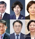 This compilation image, provided by the presidential office, shows (from top L, clockwise) finance minister nominee Choi Sang-mok; veterans minister nominee Kang Jung-ai; agriculture minister nominee Song Mi-ryung; SMEs minister nominee Oh Young-ju; oceans minister nominee Kang Do-hyung; and land minister nominee Park Sang-woo. (PHOTO NOT FOR SALE) (Yonhap)