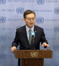 South Korean Ambassador Hwang Joon-kook speaks to the press at the U.N. headquarters in New York on Jan. 2, 2024. (Yonhap)
