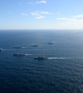 South Korea, the United States and Japan jointly conduct naval drills in waters south of the Korean Peninsula, in this photo provided the Joint Chiefs of Staff on Jan. 17, 2024. (PHOTO NOT FOR SALE) (Yonhap)