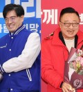 In the undated left photo, Rep. Lee Jae-myung (L), chairman of the main opposition Democratic Party (DP), shakes hands with Kong Young-woon, a former president of Hyundai Motor Co., while the undated right photo shows Han Dong-hoon (R), leader of the ruling People Power Party (PPP), posing for the camera with Koh Dong-jin, a former president of Samsung Electronics Co. (Yonhap)