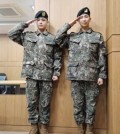 These photos captured from RM's Instagram account on Jan. 16, 2024, show the BTS member (R) and his bandmate V (2nd from R) in military uniform. (PHOTO NOT FOR SALE) (Yonhap)