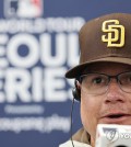 San Diego Padres manager Mike Shildt speaks at a press conference after defeating the LG Twins 5-4 in an exhibition game at Gocheok Sky Dome in Seoul on March 18, 2024. (Yonhap)